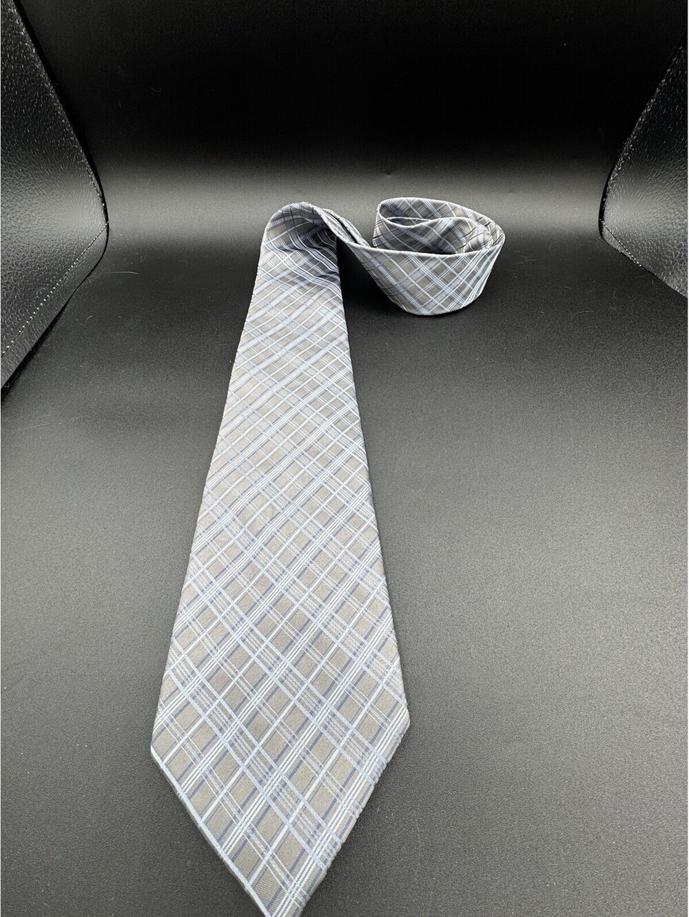 Calvin Klein Extra Long Silk Tie Gray Blue Plaid Check Mens Necktie 100% Silk